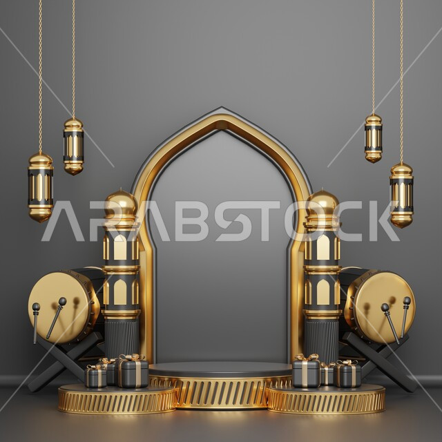 خلفية إسلامية لقاعدة عرض ثلاثية الأبعاد ، رمضان كريم ، مجسمات إسلاميات ، إسلاميات ، خلفية رمادية