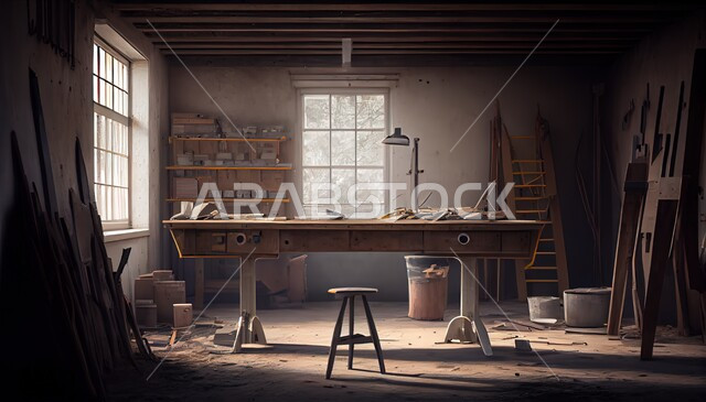 ورشة عمل قديمة، طاولة خشبية، ادوات ومعدات، غرفة قديمة، غرفة مهجورة، مساحة عمل داخلية