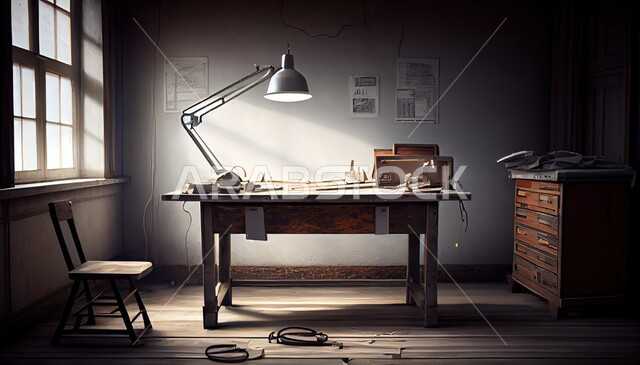 مكتب عمل، طاولة خشبية، مصباح مضيء، ديكور داخلي قديم، غرفة قديمة