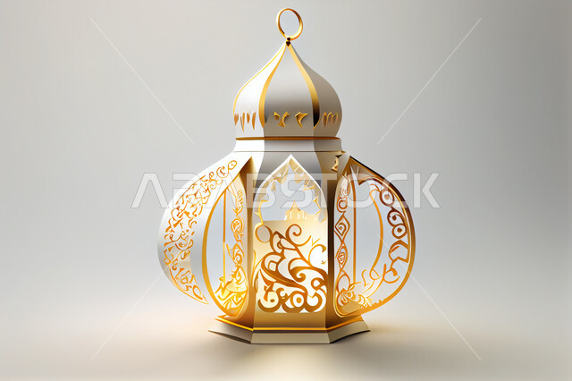فانوس رمضان ثلاثي الأبعاد معزول على خلفية بيضاء ، فانوس رمضان ، رمضان كريم ، فانوس مضيء ، فانوس أبيض ، خلفية إسلامية