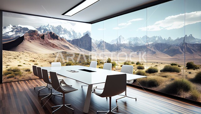 مكتب اجتماعات بتصاميم عصرية حديثة، ديكورات داخلية، لوحة جدارية للطبيعة الصحراوية، الجبال والمرتفعات، طاولة خشبية بتصاميم عصرية، ديكور داخلي