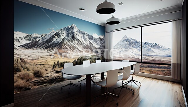 مكتب اجتماعات بتصاميم عصرية حديثة، ديكورات داخلية، لوحة جدارية للطبيعة الصحراوية، الجبال والمرتفعات، طاولة خشبية بتصاميم عصرية، ديكور داخلي