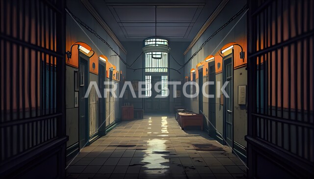 An interior picture of a prison corridor, iron bars, illuminated lamps, prisoner rooms, an old abandoned prison