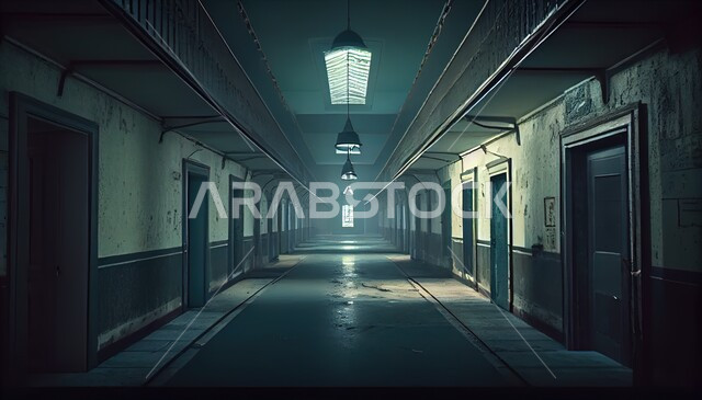 صورة داخلية لممر سجن، ابواب مغلقة، مصابيح مضيئة، غرف المساجين، سجن قديم مهجور