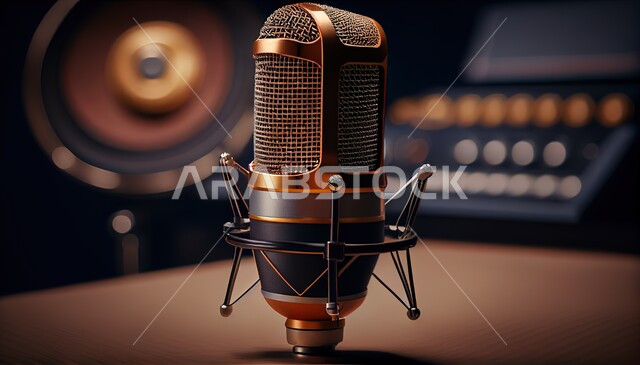 صورة مقربة لمايكروفون، استديو تسجيل صوتي، الاذاعة الصوتية، معالجة الاصوات المسجلة، جهاز صوتي