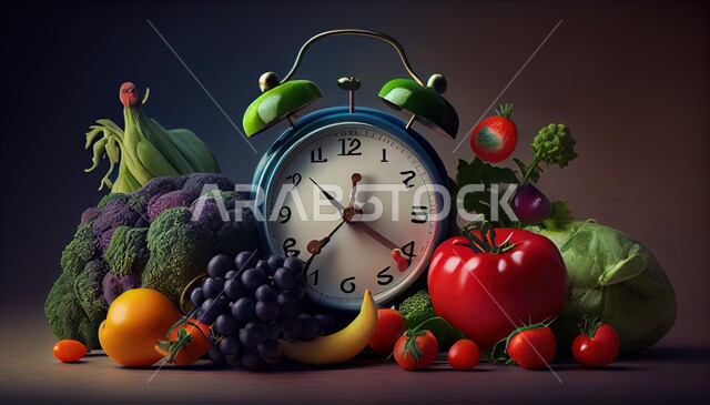 صورة مقربة لساعة تنبيه وسط مجموعة من الخضروات والفواكه، منبه، ساعة رقمية، تحديد وقت الطعام، الطعام الصحي، خلفية سوداء