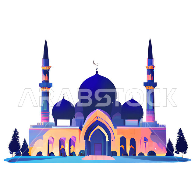 خلفية إسلامية ثلاثية الأبعاد ، إسلاميات وعبادة ، مسجد ثري دي ، خلفية بيضاء