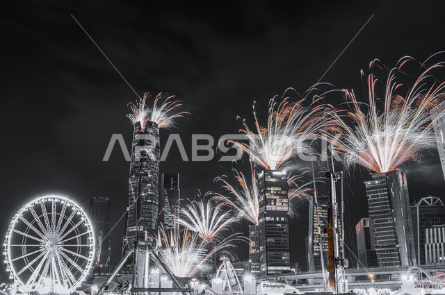 مركز الملك عبدالله المالي ( كافد ) في مدينة الرياض بالمملكة العربية السعودية ليلا، الأبراج وناطحات السحاب، الفن الهندسي المعماري، الالعاب النارية، معالم الرياض 