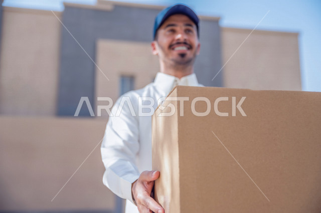 شاب عربي سعودي خليجي يحمل صندوق التسليم ، عملية توصيل الطلبات للزبائن ،  التسوق وطلب المنتجات عبر الإنترنت ،  خدمات الشحن و التوصيل ذات الجودة العالية