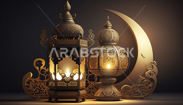 فانوس عربي تقليدي معدني ، إضاءة وزينة شهر رمضان ، تحف رمضانية ثلاثية الأبعاد ، الإحتفال بقدوم شهر رمضان، ديكورات وأنوار، اجواء رمضانية ، خلفية سوداء