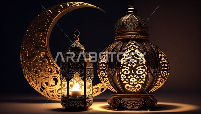 فانوس عربي تقليدي معدني ، إضاءة وزينة شهر رمضان ، تحف رمضانية ثلاثية الأبعاد ، الإحتفال بقدوم شهر رمضان، ديكورات وأنوار، اجواء رمضانية ، خلفية سوداء