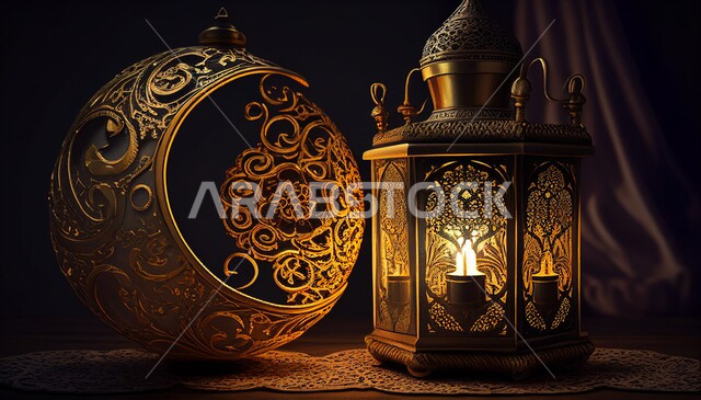 فانوس عربي تقليدي معدني ، إضاءة وزينة شهر رمضان ، تحف رمضانية ثلاثية الأبعاد ، الإحتفال بقدوم شهر رمضان، ديكورات وأنوار، اجواء رمضانية ، خلفية سوداء