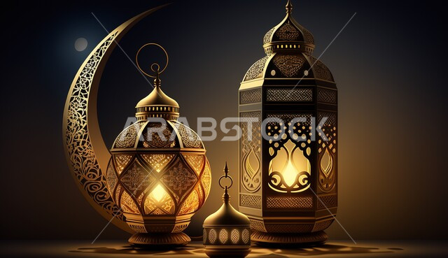 فانوس عربي تقليدي معدني ، إضاءة وزينة شهر رمضان ، تحف رمضانية ثلاثية الأبعاد ، الإحتفال بقدوم شهر رمضان، ديكورات وأنوار، اجواء رمضانية ، خلفية سوداء