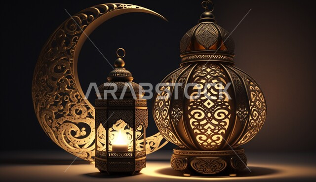 فانوس عربي تقليدي معدني ، إضاءة وزينة شهر رمضان ، تحف رمضانية ثلاثية الأبعاد ، الإحتفال بقدوم شهر رمضان، ديكورات وأنوار، اجواء رمضانية ، خلفية سوداء