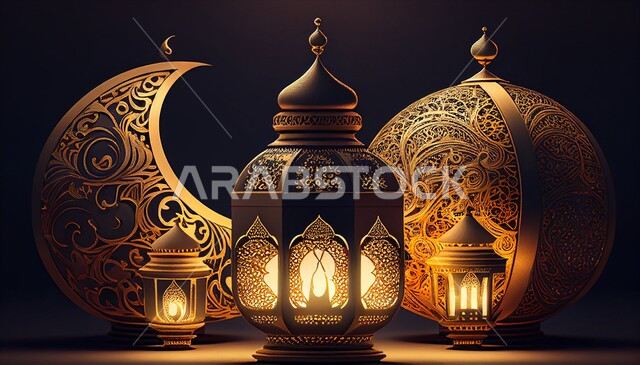 فانوس عربي تقليدي معدني ، إضاءة وزينة شهر رمضان ، تحف رمضانية ثلاثية الأبعاد ، الإحتفال بقدوم شهر رمضان، ديكورات وأنوار، اجواء رمضانية ، خلفية سوداء