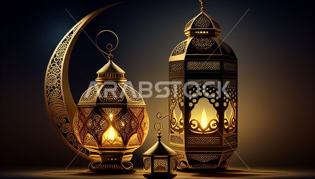فانوس عربي تقليدي معدني ، إضاءة وزينة شهر رمضان ، تحف رمضانية ثلاثية الأبعاد ، الإحتفال بقدوم شهر رمضان، ديكورات وأنوار، اجواء رمضانية ، خلفية سوداء