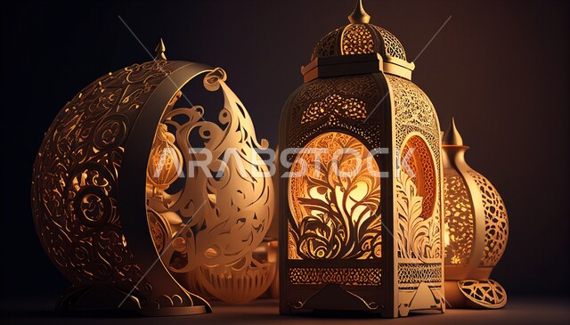 فانوس عربي تقليدي معدني ، إضاءة وزينة شهر رمضان ، تحف رمضانية ثلاثية الأبعاد ، الإحتفال بقدوم شهر رمضان، ديكورات وأنوار، اجواء رمضانية ، خلفية سوداء