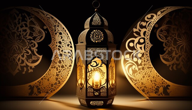 فانوس عربي تقليدي معدني ، إضاءة وزينة شهر رمضان ، تحف رمضانية ثلاثية الأبعاد ، الإحتفال بقدوم شهر رمضان، ديكورات وأنوار، اجواء رمضانية ، خلفية سوداء