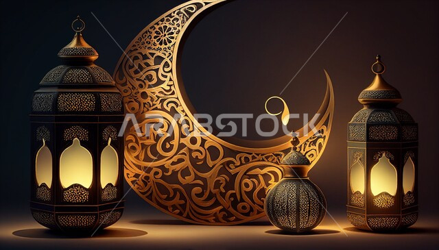 فانوس عربي تقليدي معدني ، إضاءة وزينة شهر رمضان ، تحف رمضانية ثلاثية الأبعاد ، الإحتفال بقدوم شهر رمضان، ديكورات وأنوار، اجواء رمضانية ، خلفية سوداء