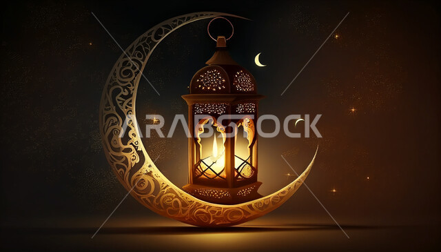 فانوس عربي تقليدي معدني ، إضاءة وزينة شهر رمضان ، تحف رمضانية ثلاثية الأبعاد ، الإحتفال بقدوم شهر رمضان، ديكورات وأنوار، اجواء رمضانية ، خلفية سوداء