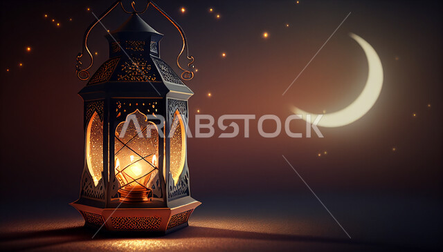 فانوس عربي تقليدي معدني ، إضاءة وزينة شهر رمضان ، تحف رمضانية ثلاثية الأبعاد ، الإحتفال بقدوم شهر رمضان، ديكورات وأنوار، اجواء رمضانية ، خلفية سوداء