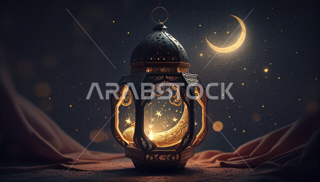 فانوس عربي تقليدي معدني ، إضاءة وزينة شهر رمضان ، تحف رمضانية ثلاثية الأبعاد ، الإحتفال بقدوم شهر رمضان، ديكورات وأنوار، اجواء رمضانية ، خلفية سوداء