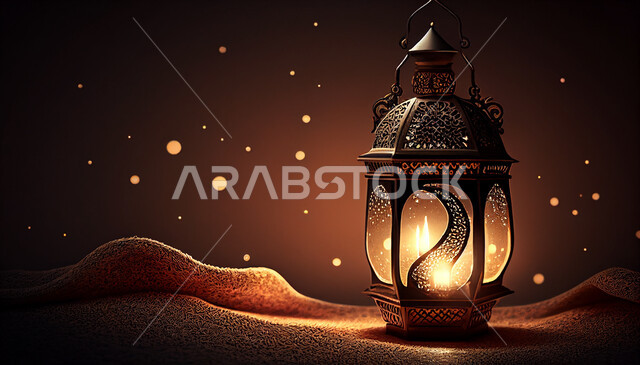 فانوس عربي تقليدي معدني ، إضاءة وزينة شهر رمضان ، تحف رمضانية ثلاثية الأبعاد ، الإحتفال بقدوم شهر رمضان، ديكورات وأنوار، اجواء رمضانية ، خلفية سوداء