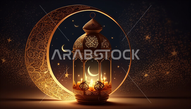 فانوس عربي تقليدي معدني ، إضاءة وزينة شهر رمضان ، تحف رمضانية ثلاثية الأبعاد ، الإحتفال بقدوم شهر رمضان، ديكورات وأنوار، اجواء رمضانية ، خلفية سوداء