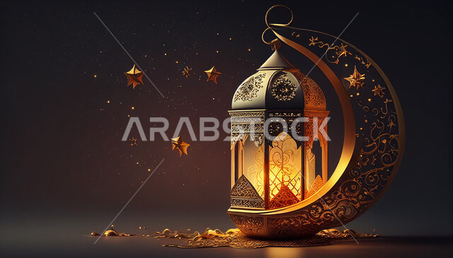 فانوس عربي تقليدي معدني ، إضاءة وزينة شهر رمضان ، تحف رمضانية ثلاثية الأبعاد ، الإحتفال بقدوم شهر رمضان، ديكورات وأنوار، اجواء رمضانية ، خلفية سوداء