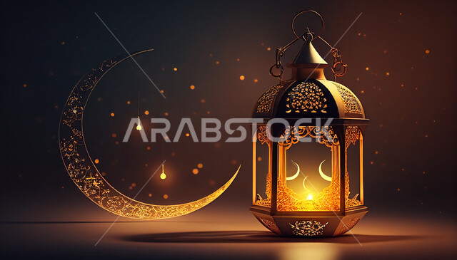 A traditional metal Arab lantern, lighting and decorations for the month of Ramadan, three-dimensional Ramadan artifacts, the celebration of the advent of the month of Ramadan, decorations and lights, Ramadan atmosphere, black background