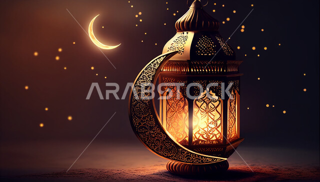 فانوس عربي تقليدي معدني ، إضاءة وزينة شهر رمضان ، تحف رمضانية ثلاثية الأبعاد ، الإحتفال بقدوم شهر رمضان، ديكورات وأنوار، اجواء رمضانية ، خلفية سوداء