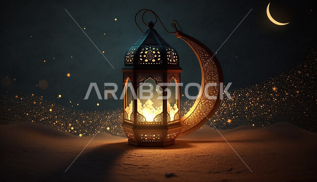 فانوس عربي تقليدي معدني ، إضاءة وزينة شهر رمضان ، تحف رمضانية ثلاثية الأبعاد ، الإحتفال بقدوم شهر رمضان، ديكورات وأنوار، اجواء رمضانية ، خلفية سوداء