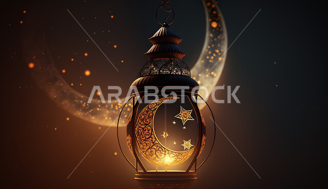 فانوس عربي تقليدي معدني ، إضاءة وزينة شهر رمضان ، تحف رمضانية ثلاثية الأبعاد ، الإحتفال بقدوم شهر رمضان، ديكورات وأنوار، اجواء رمضانية ، خلفية سوداء