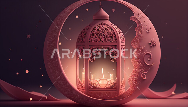 فانوس عربي تقليدي معدني ، إضاءة وزينة شهر رمضان ، تحف رمضانية ثلاثية الأبعاد ، الإحتفال بقدوم شهر رمضان، ديكورات وأنوار، اجواء رمضانية ، خلفية وردية
