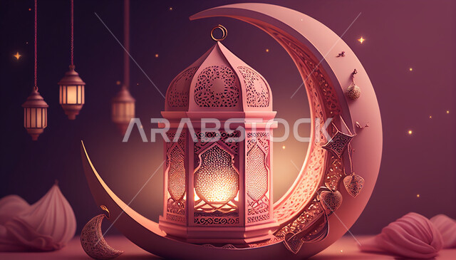فانوس عربي تقليدي معدني ، إضاءة وزينة شهر رمضان ، تحف رمضانية ثلاثية الأبعاد ، الإحتفال بقدوم شهر رمضان، ديكورات وأنوار، اجواء رمضانية ، خلفية وردية