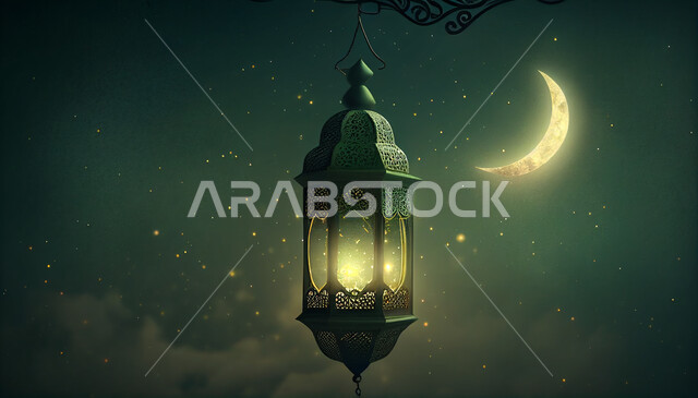 فانوس عربي تقليدي معدني ، إضاءة وزينة شهر رمضان ، تحف رمضانية ثلاثية الأبعاد ، الإحتفال بقدوم شهر رمضان، ديكورات وأنوار، اجواء رمضانية ، خلفية خضراء .