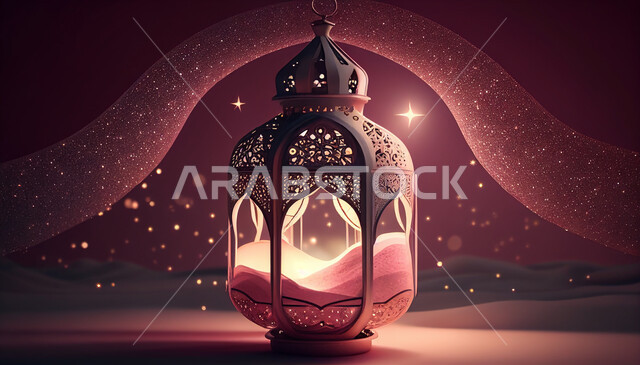 فانوس عربي تقليدي معدني ، إضاءة وزينة شهر رمضان ، تحف رمضانية ثلاثية الأبعاد ، الإحتفال بقدوم شهر رمضان، ديكورات وأنوار، اجواء رمضانية ، خلفية وردية