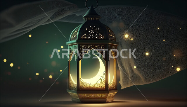 فانوس عربي تقليدي معدني ، إضاءة وزينة شهر رمضان ، تحف رمضانية ثلاثية الأبعاد ، الإحتفال بقدوم شهر رمضان، ديكورات وأنوار، اجواء رمضانية ، خلفية خضراء .