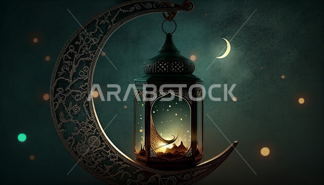 فانوس عربي تقليدي معدني ، إضاءة وزينة شهر رمضان ، تحف رمضانية ثلاثية الأبعاد ، الإحتفال بقدوم شهر رمضان، ديكورات وأنوار، اجواء رمضانية ، خلفية خضراء .