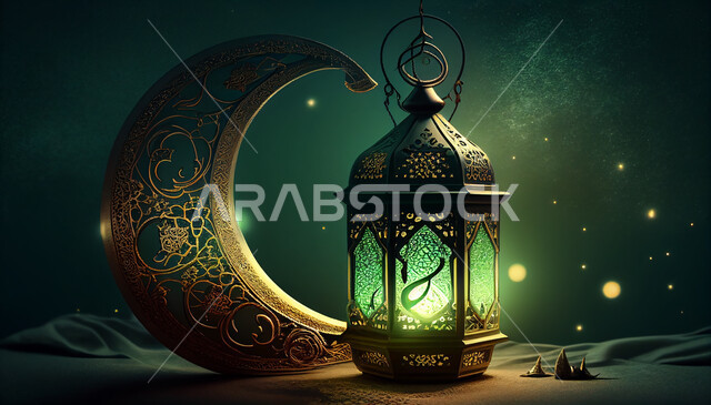 فانوس عربي تقليدي معدني ، إضاءة وزينة شهر رمضان ، تحف رمضانية ثلاثية الأبعاد ، الإحتفال بقدوم شهر رمضان، ديكورات وأنوار، اجواء رمضانية ، خلفية خضراء .