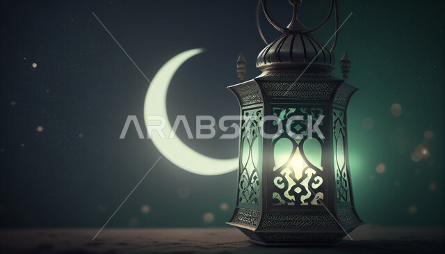 فانوس عربي تقليدي معدني ، إضاءة وزينة شهر رمضان ، تحف رمضانية ثلاثية الأبعاد ، الإحتفال بقدوم شهر رمضان، ديكورات وأنوار، اجواء رمضانية ، خلفية خضراء .