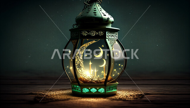 فانوس عربي تقليدي معدني ، إضاءة وزينة شهر رمضان ، تحف رمضانية ثلاثية الأبعاد ، الإحتفال بقدوم شهر رمضان، ديكورات وأنوار، اجواء رمضانية ، خلفية خضراء .
