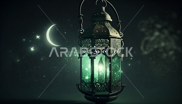 فانوس عربي تقليدي معدني ، إضاءة وزينة شهر رمضان ، تحف رمضانية ثلاثية الأبعاد ، الإحتفال بقدوم شهر رمضان، ديكورات وأنوار، اجواء رمضانية ، خلفية خضراء .