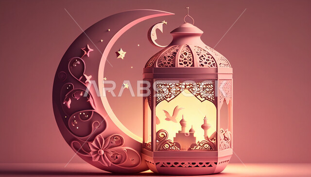 فانوس عربي تقليدي معدني، إضاءة وزينة شهر رمضان، تحف رمضانية، الإحتفال بقدوم شهر رمضان، ديكورات وأنوار، اجواء رمضانية، خلفية وردية