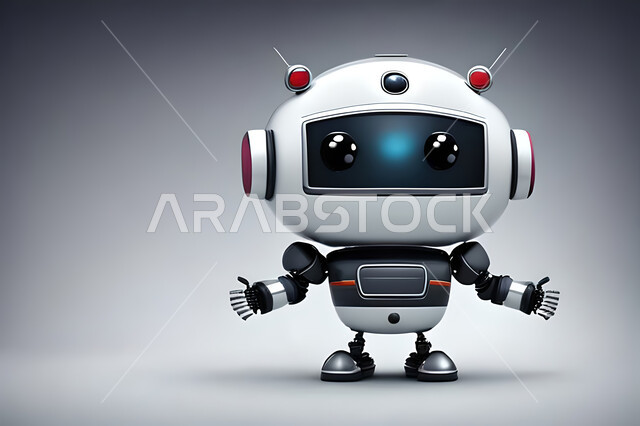مجسم ثلاثي الأبعاد لرجل آلي ذكي بتقنيه وتكنولوجيا عالية , روبوتات متطورة , الذكاء الإصطناعي , لعبة روبوتات ملونة , خلفية بيضاء .