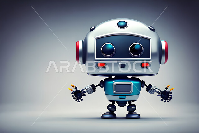 مجسم ثلاثي الأبعاد لرجل آلي ذكي بتقنيه وتكنولوجيا عالية , روبوتات متطورة , الذكاء الإصطناعي , لعبة روبوتات ملونة , خلفية بيضاء .