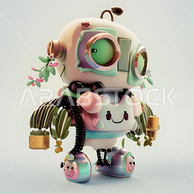 مجسم ثلاثي الأبعاد لرجل آلي ذكي بتقنيه وتكنولوجيا عالية , روبوتات متطورة , الذكاء الإصطناعي , لعبة روبوتات ملونة , خلفية بيضاء .