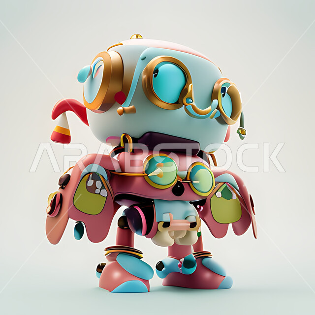 مجسم ثلاثي الأبعاد لرجل آلي ذكي بتقنيه وتكنولوجيا عالية , روبوتات متطورة , الذكاء الإصطناعي , لعبة روبوتات ملونة , خلفية بيضاء .