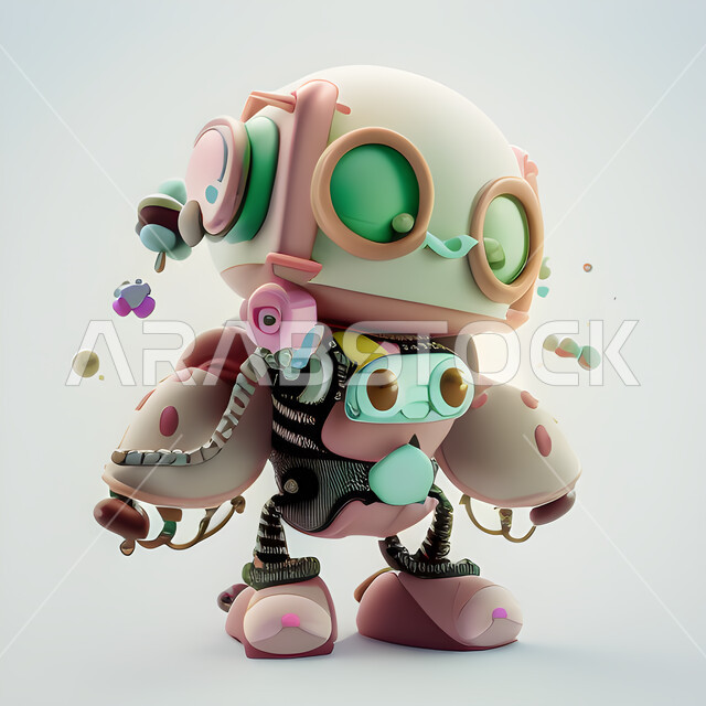 مجسم ثلاثي الأبعاد لرجل آلي ذكي بتقنيه وتكنولوجيا عالية , روبوتات متطورة , الذكاء الإصطناعي , لعبة روبوتات ملونة , خلفية بيضاء .