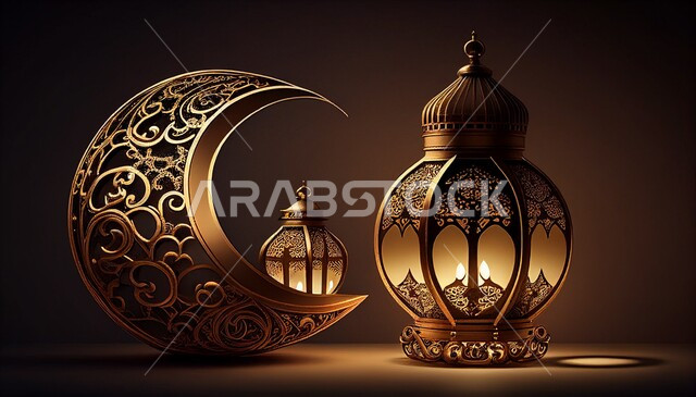 تصاميم ثلاثية الأبعاد لفوانيس معدنية عربية تقليدية وهلال معدني , إضاءة وزينة شهر رمضان، تحف رمضانية , الإحتفال بقدوم شهر رمضان ، ديكورات وتزيين , اجواء رمضانية ,خلفيات سوداء  .